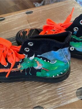 Converse Kids Black High-Top Sneakers with Green Dragon and Bright Orange Laces